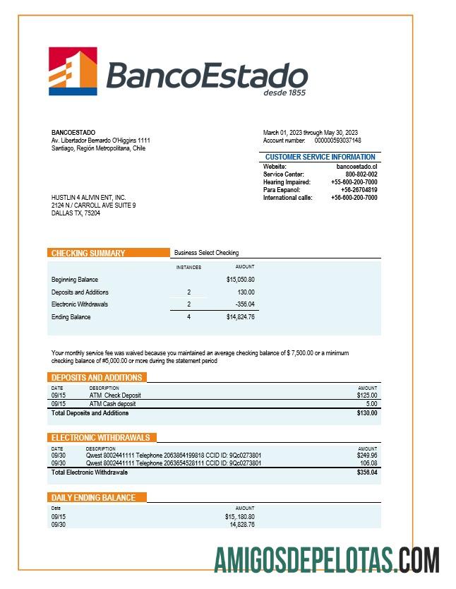 Declaração de organização realista do Banco Del Estado De Chille em Word e modelo PDF